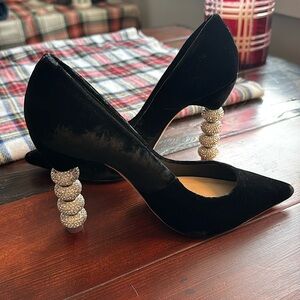 Sophia Webster Black Velvet Pumps with Crystal Embellished Heels